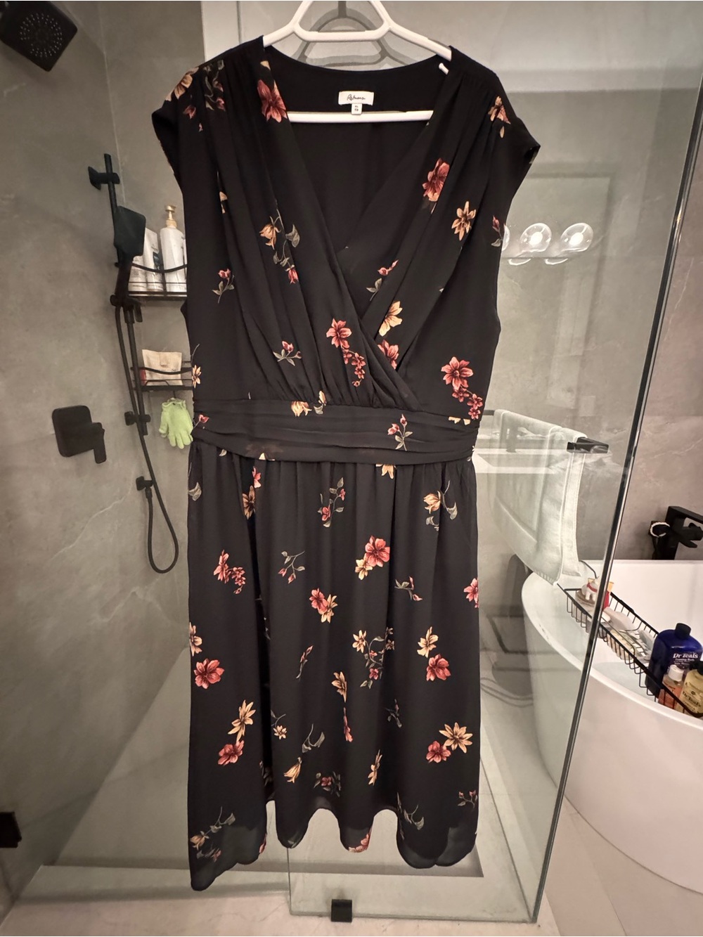 Reitmans Black Floral Wrap Dress with Red and Cream Blooms